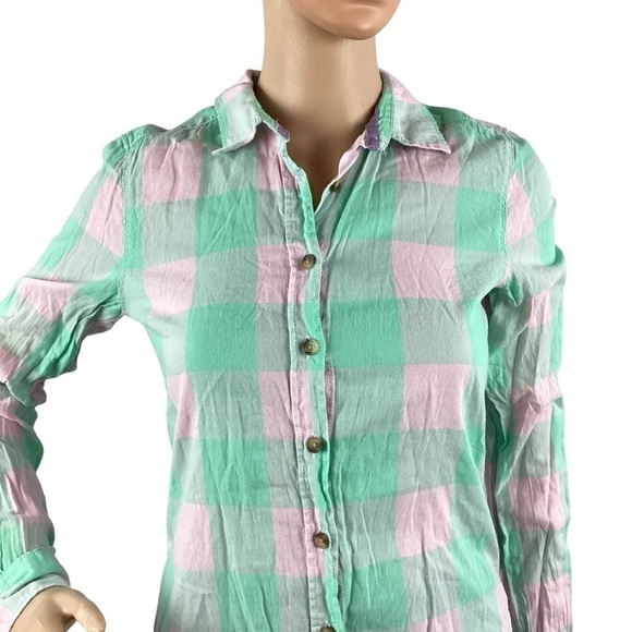 H&M L.O.G.G. Plaid Button Down Top Size 2 Pink Green - Picture 2 of 7